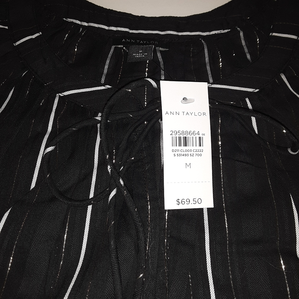Ann Taylor Black Striped Double Flutter Slv Blouse - Picture 6 of 8